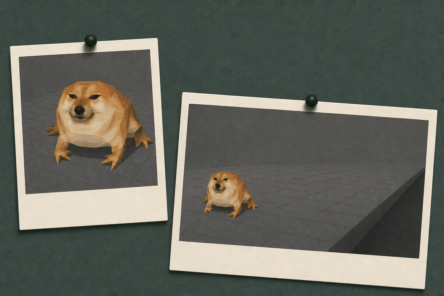 Two pinned polaroids of DocRog on the felt board, close and receding down the grid floor